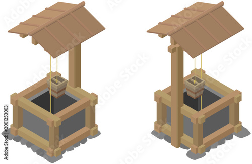Isometric Japanese Wooden Well Illustration Set