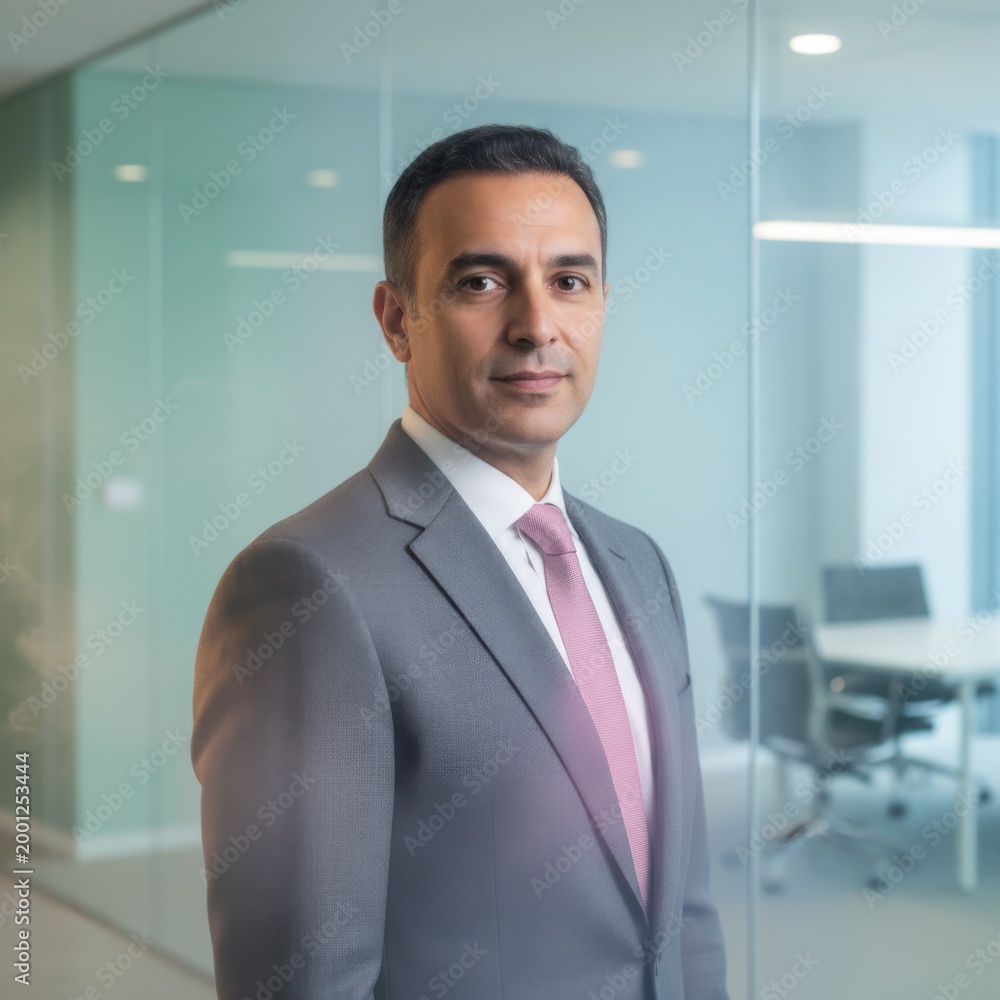 Fototapeta premium Confident mature businessman standing in modern glass office interior for corporate branding, professional financial services and executive leadership advertising