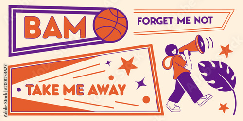 dynamic collage art with megaphone and text banners