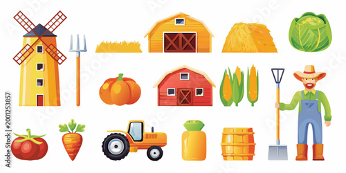 farmer character with various farm elements vector illustration