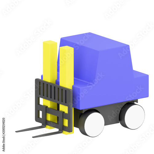 Stylized 3D illustration of a blue forklift truck with yellow lifting forks
