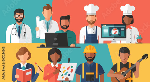 Diverse professionals in various occupations.