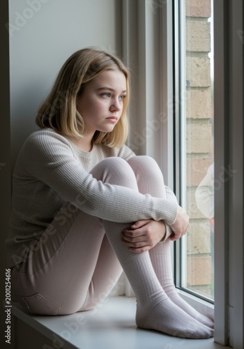 Sad teenage girl sitting on a window sill looking outside for mental health awareness, youth vulnerability and lifestyle storytelling in a soft minimalist home setting Free Download Sad teenage girl sitting on a window sill looking outside for mental health awareness, youth vulnerability and lifestyle storytelling in a soft minimalist home setting - GFXLoad