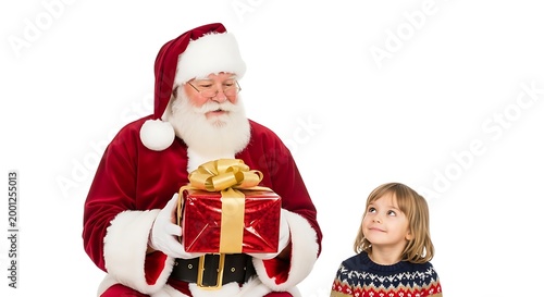Santa Claus presenting a gift to a child with a curious expression on a white background featuring present, red and gold wrapping, Christmas with