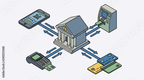 Bank at center of financial transactions with various payment methods.