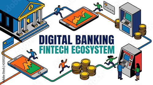 Digital Banking Fintech Ecosystem with Mobile Devices and Financial Institutions.