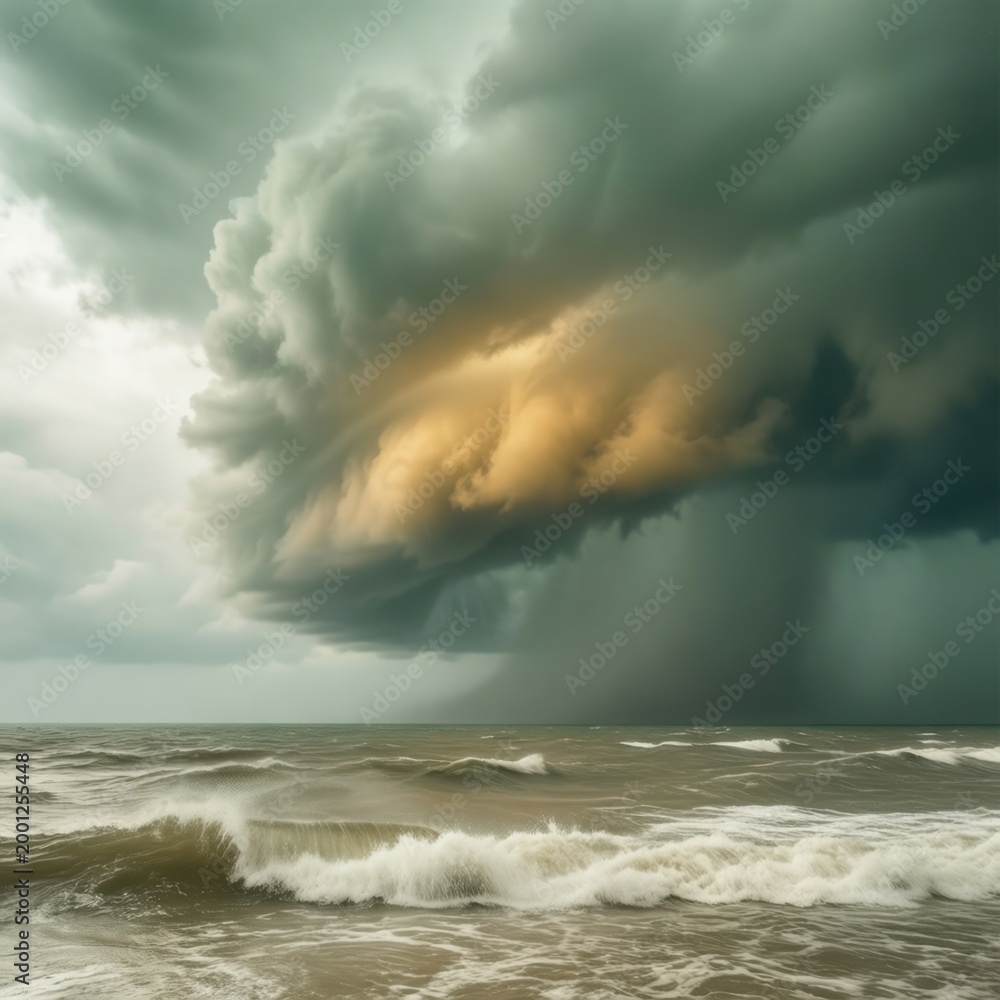 Fototapeta premium Massive storm cloud formations swirling over the ocean for extreme weather editorial, climate change awareness and dramatic atmospheric background with copy space
