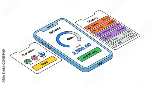 Isometric illustration of a smartphone banking application with financial data.