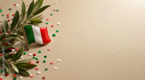 Italian flag with green leaves and confetti on a neutral backdrop