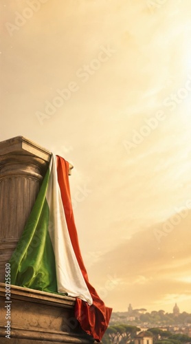 Italian flag draped over a stone column in Rome at sunset