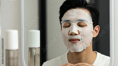 A young asian man with eyes closed applies a hydrating sheet mask for skincare, reflecting in a modern bathroom mirror with soft, clean lighting.