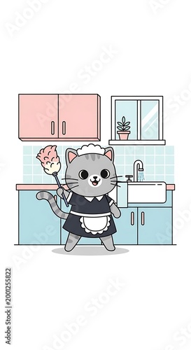 A cartoon cat in a maid outfit, holding a duster, stands in a kitchen with pink cabinets, a sink, and a window