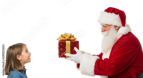 Santa Claus offering a gift to a smiling young girl on a white background, holiday and celebration concept
