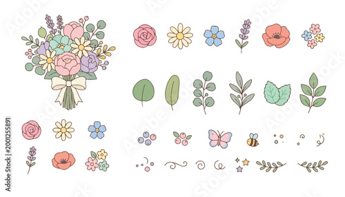 Pretty wedding bouquet and individual garden flowers, floral design elements