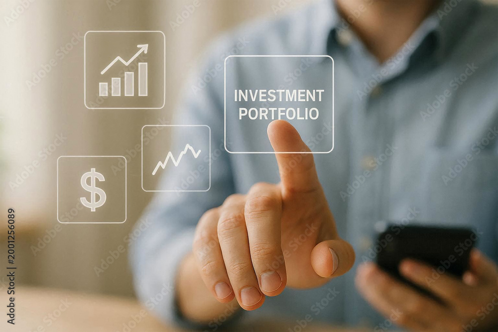 Obraz premium Businessman touching investment portfolio screen with finger