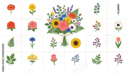 Illustrative Floral Design Elements Diverse Flowers, Plants, and Wedding Bouquet
