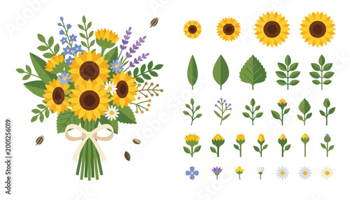 Summer sunflower wedding bouquet and floral design elements, garden flowers