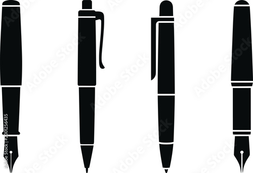 Pen, fountain pen collection with elegant writing instruments, calligraphy tools and stationery supplies, creative office vector illustration design.