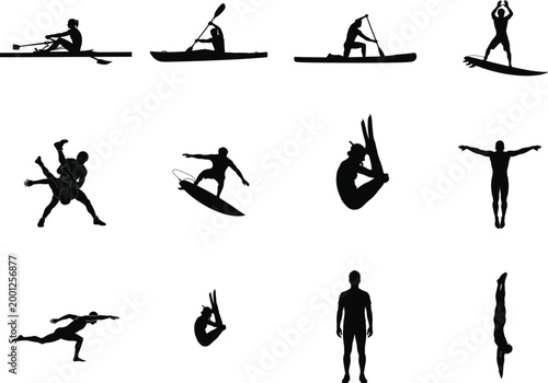 Silhouettes of people enjoying water and board sports on water.