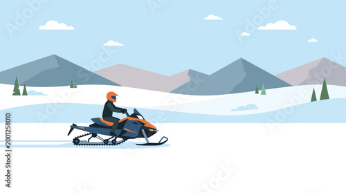 Person riding a snowmobile across a snowy mountain landscape in a flat vector illustration style
