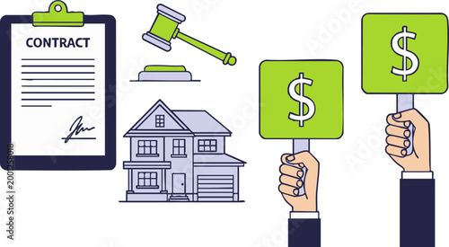 Vector illustration of the real estate auction process with a contract, house, gavel, and dollar sign paddles.