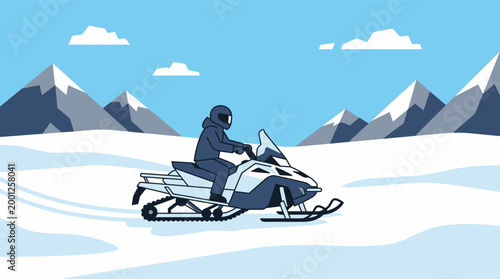 Snowmobile rider driving through snowy mountain landscape vector illustration for winter sports concept