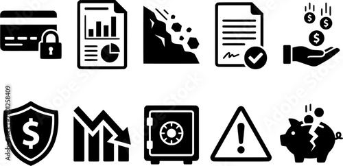 Comprehensive financial management concepts featuring secure credit transactions, detailed business data analysis, economic risk assessment, contract approval, and income generation visuals.