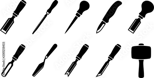 Set of various hand woodworking chisels and carving tools in a linedrawing style, ideal for craft, construction, or carpentry themed designs.
