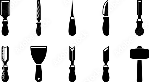 Set of various hand woodworking chisels and carving tools in a linedrawing style, ideal for craft, construction, or carpentry themed designs.
