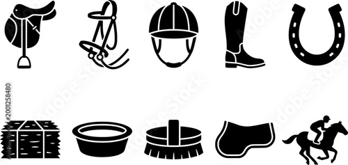 Comprehensive collection of equestrian sport equipment and horse care items in black silhouette icons, perfect for educational materials, website graphics, or veterinary content