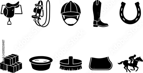 Comprehensive collection of equestrian sport equipment and horse care items in black silhouette icons, perfect for educational materials, website graphics, or veterinary content