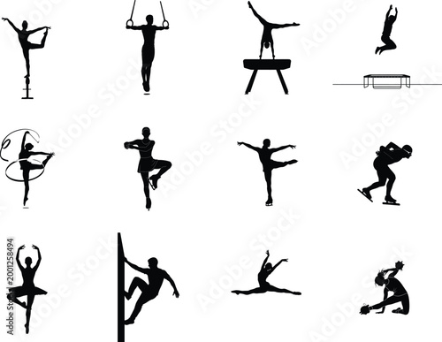Gymnastics sport and athletic competition silhouettes for professional training set.
