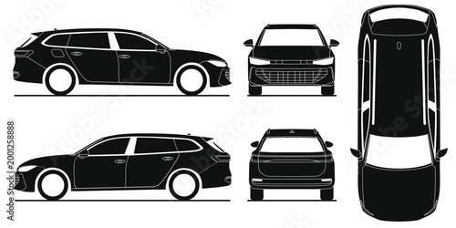 Detailed vector illustration of a black station wagon vehicle from various angles including front, rear, side, and top views.
