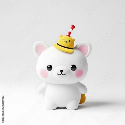 A charming, 3D-rendered white bear figurine with a cheerful hat. Soft, rounded form with pink cheeks and a small, golden sack, set against a white backdrop