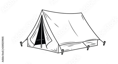 Minimalist camping tent illustration shows a classic triangular shelter design with stakes in the ground for outdoor adventures.