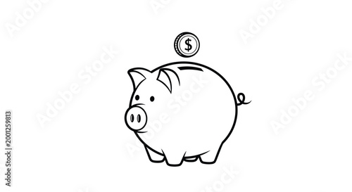 Simple black and white line drawing of a piggy bank with a single dollar coin floating above the coin slot for savings concept.