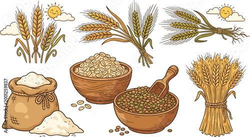 Hand Drawn Wheat Grain Agriculture Vector Set with Wheat Bundles, Flour Sack, Grains Bowl and Farm Harvest Elements for Organic Food Design