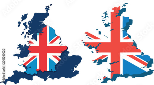 Maps of great britain with united kingdom flag pattern in stylized graphic artistic illustration.