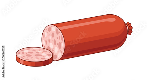 Thick salami sausage with one slice cut off is shown in a realistic colorful illustration highlighting the texture of the cured meat.