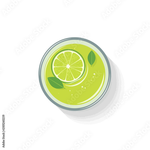 Refreshing Green Juice with Lime Slice and Mint Leaves, Top View
