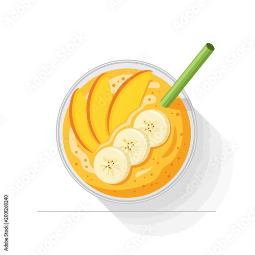 Refreshing Mango Banana Smoothie Bowl with Straw, Top View Illustration