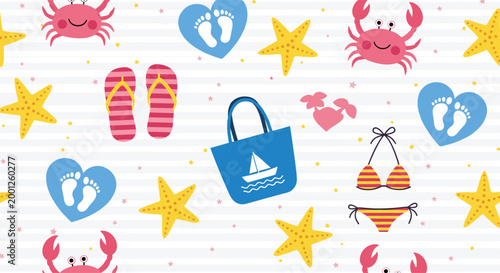 Seamless summer pattern features beach icons like pink crabs, yellow starfish, striped flip flops, and a blue tote bag with a boat.