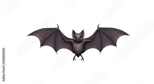 Dark nocturnal flying bat with outstretched wings and glowing red eyes, a spooky creature of the night, perfect for Halloween designs and eerie seasonal themes