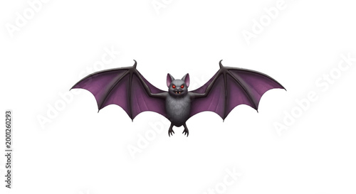 Striking vector illustration of a flying bat with vibrant purple wings and piercing red eyes, an ideal graphic for spooky designs and Halloween projects