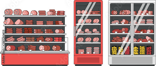 Supermarket meat display fridge and counter set vector illustration collection butcher shop showcase with sausages and deli products isolated pack
