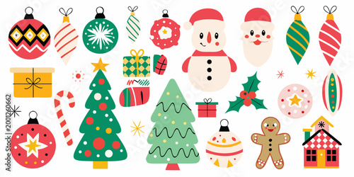 christmas illustrations with colorful ornaments trees and characters