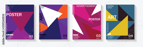 A set of four modern, abstract geometric poster templates featuring vibrant colors and bold typography. Retro geometric shapes including triangles and angled lines. Geometric shapes poster design.