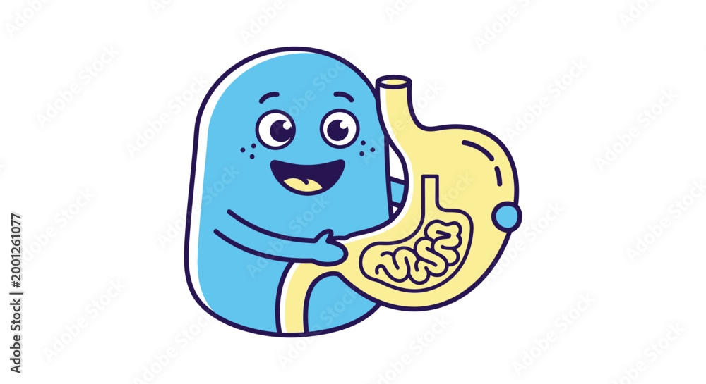 Obraz premium Cheerful Blue Blob Character Hugging Human Stomach and Intestines