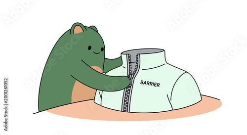 Cute cartoon green bear zipping up a barrier jacket vector illustration for protection and setting emotional boundaries concept