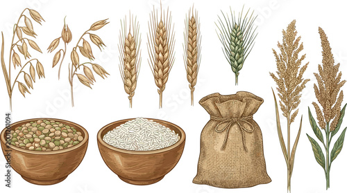 Hand Drawn Grain and Cereal Illustration Set with Wheat Oat Rice Bowl Sack and Agricultural Crop Elements for Organic Food Design
